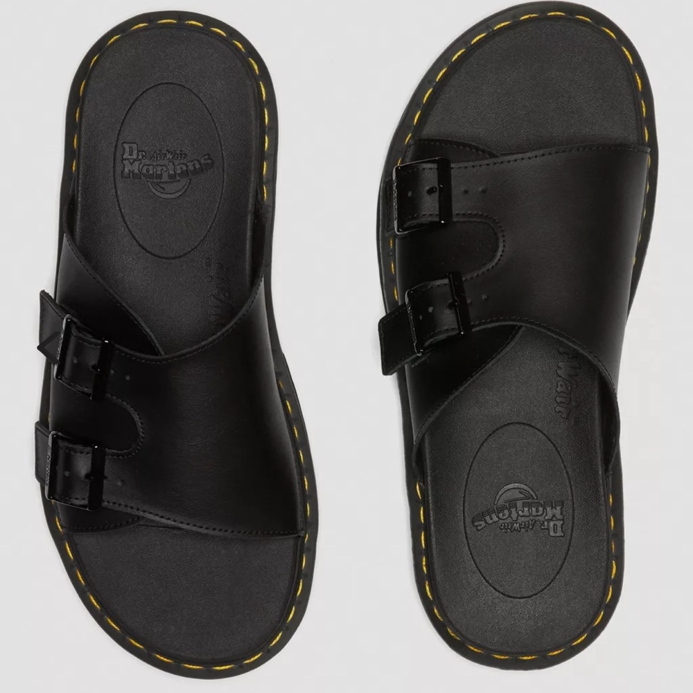 Dr. Martens Dax Black Leather Dual-Buckle Slide Sandal with Yellow Stitching - Picture 2 of 3